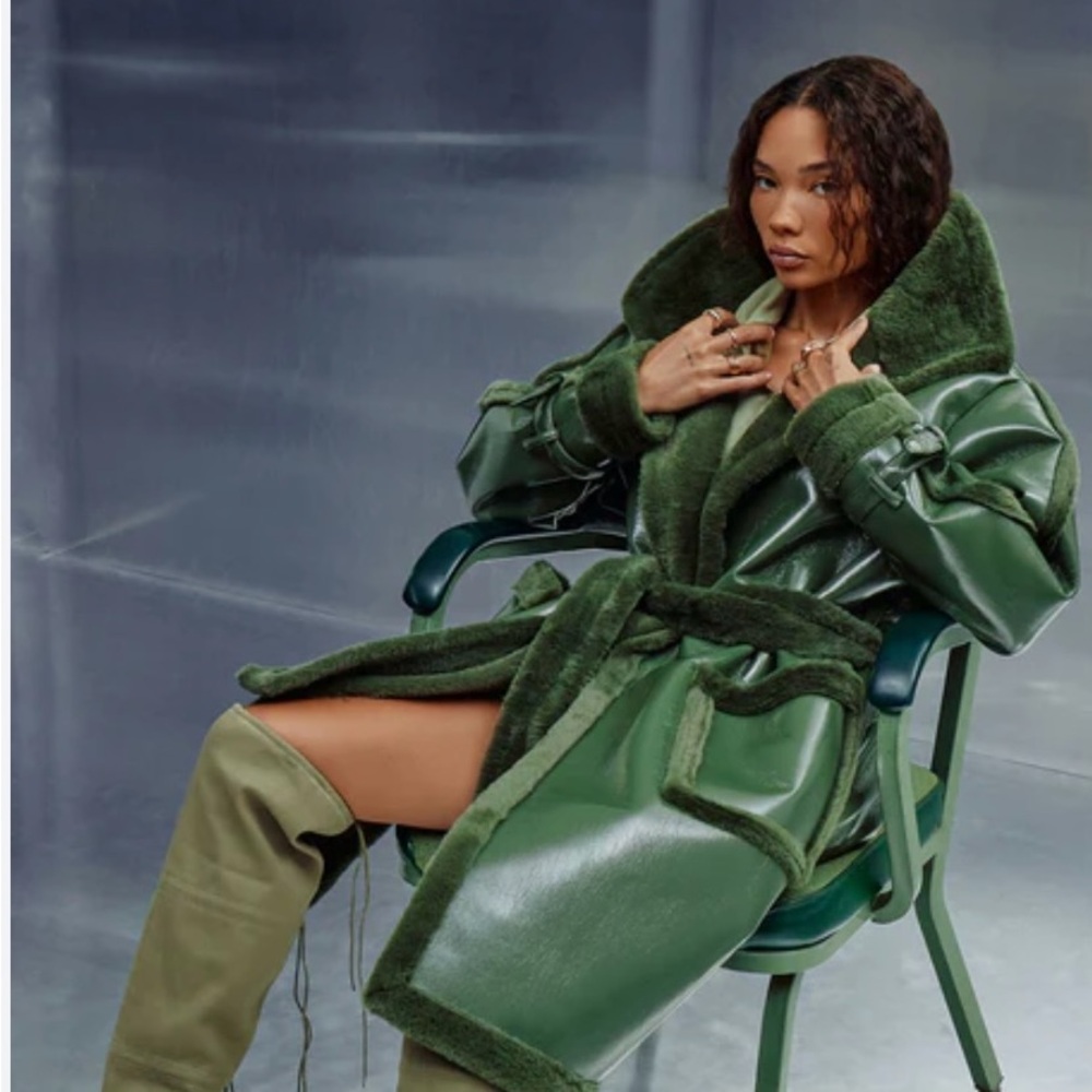Olive Faux Shearling Trench Coat by Fashion Nova